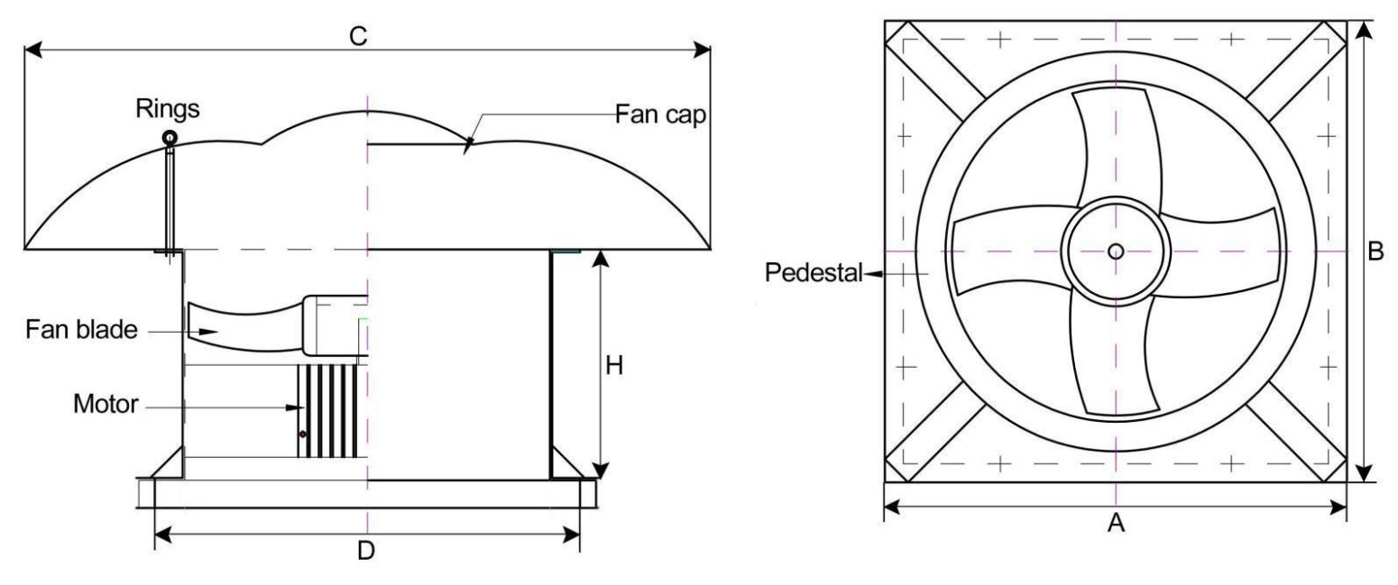 Installation dimensions diagram for the DWT-I rooftop fan